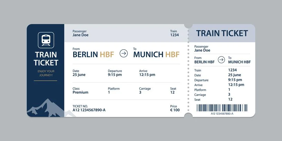 Vector flat train ticket template with passenger information and trip. Stock Illustration