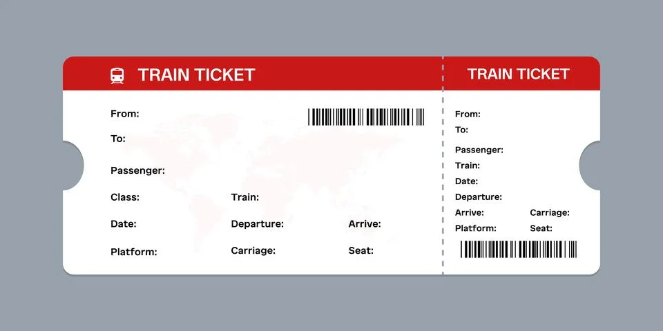 Vector flat train ticket template with passenger information and trip. Stock Illustration