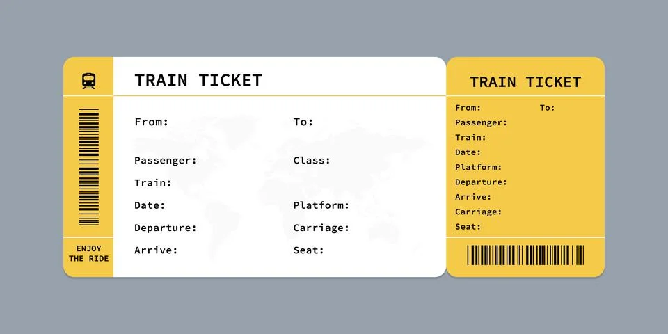 Vector flat train ticket template with passenger information and trip. Stock Illustration