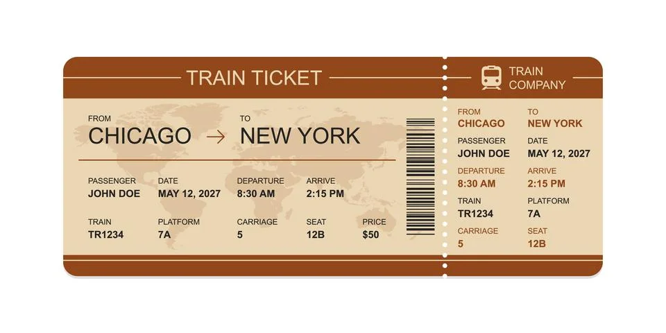 Vector flat train ticket template with passenger information and trip. Stock-Illustration