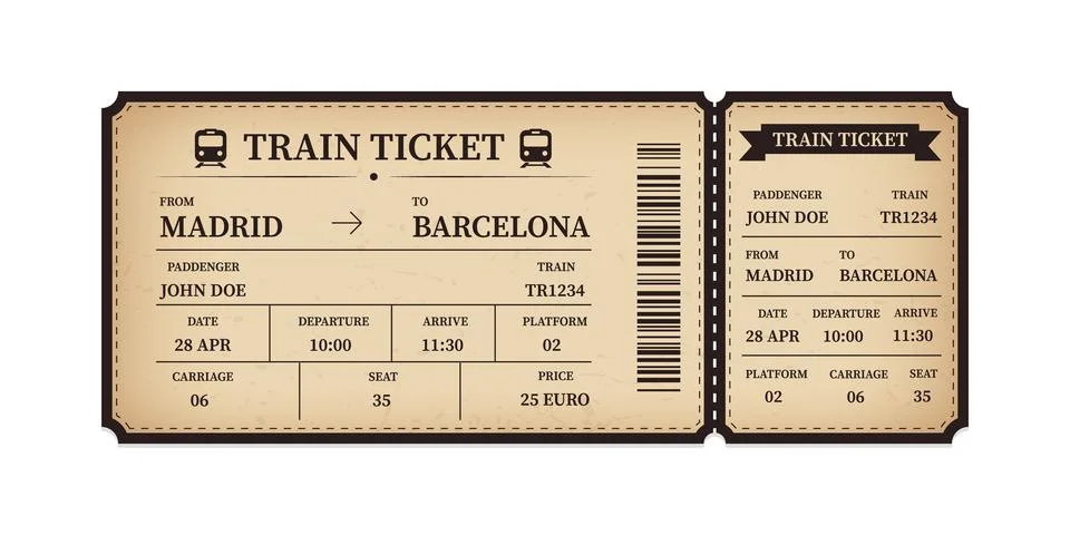 Vector flat train ticket template with passenger information and trip. Stock-Illustration