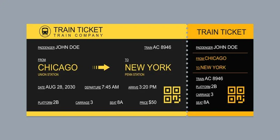 Vector flat train ticket template with passenger information and trip. Stock Illustration