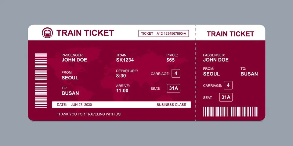 Vector flat train ticket template with passenger information and trip. Stock Illustration