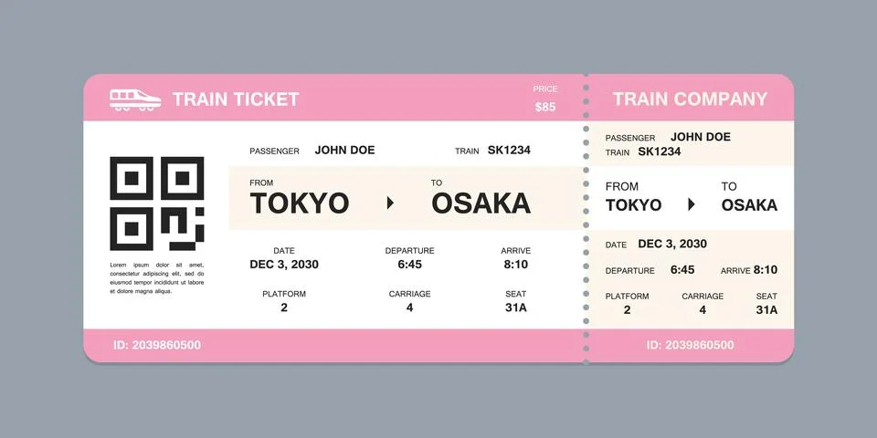 Vector flat train ticket template with passenger information and trip. Stock-Illustration