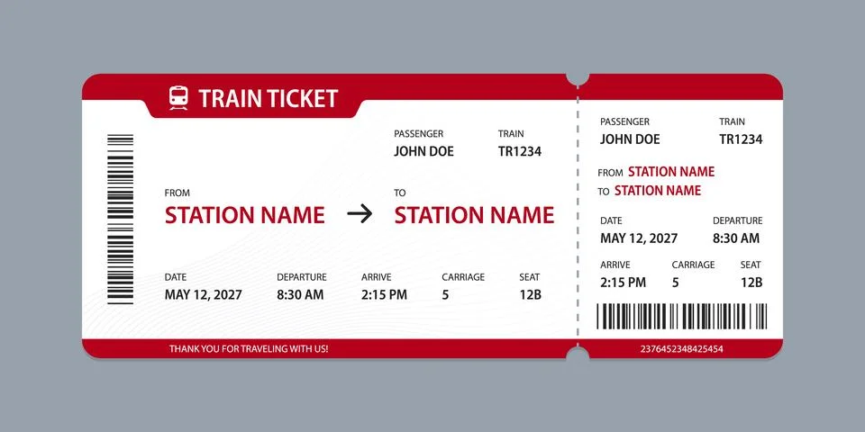 Vector flat train ticket template with passenger information and trip. Stock-Illustration
