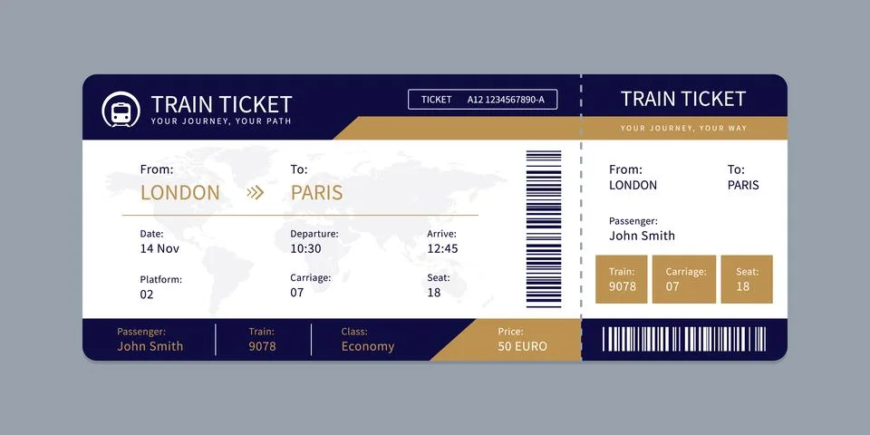 Vector flat train ticket template with passenger information and trip. Stock Illustration