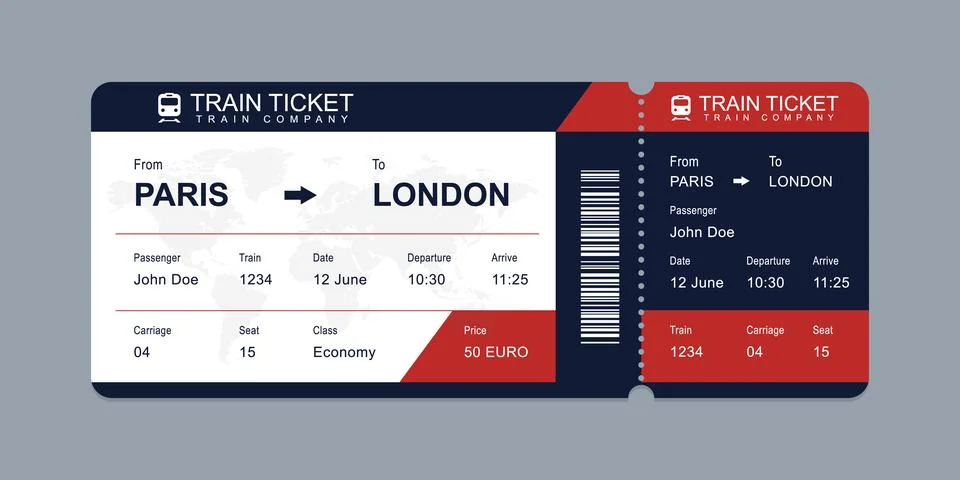Vector flat train ticket template with passenger information and trip. Stock Illustration