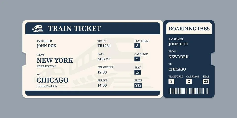 Vector flat train ticket template with passenger information and trip. Stock Illustration