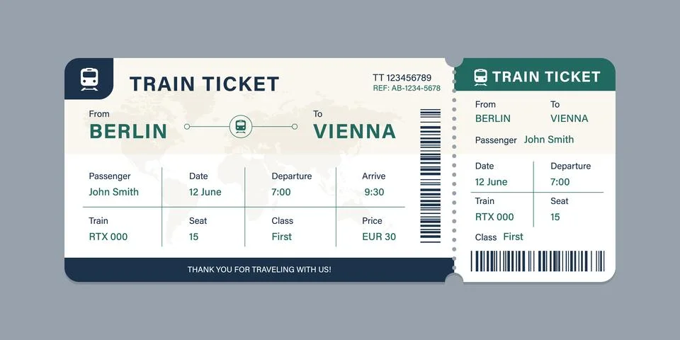 Vector flat train ticket template with passenger information and trip. Stock Illustration