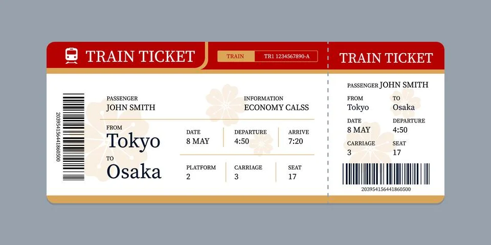 Vector flat train ticket template with passenger information and trip. Stock-Illustration