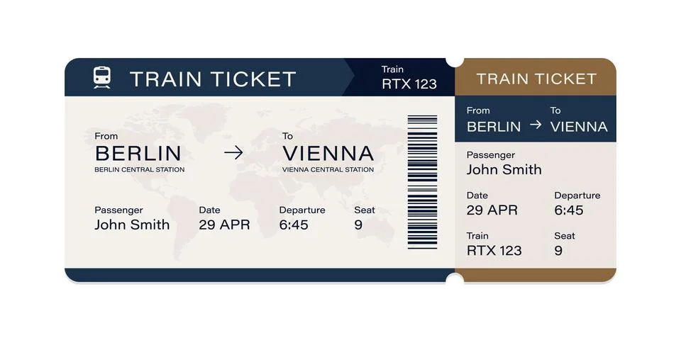 Vector flat train ticket template with passenger information and trip. Stock-Illustration