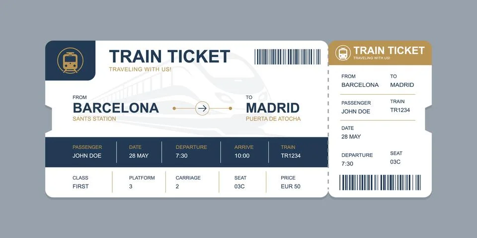 Vector flat train ticket template with passenger information and trip. Stock Illustration