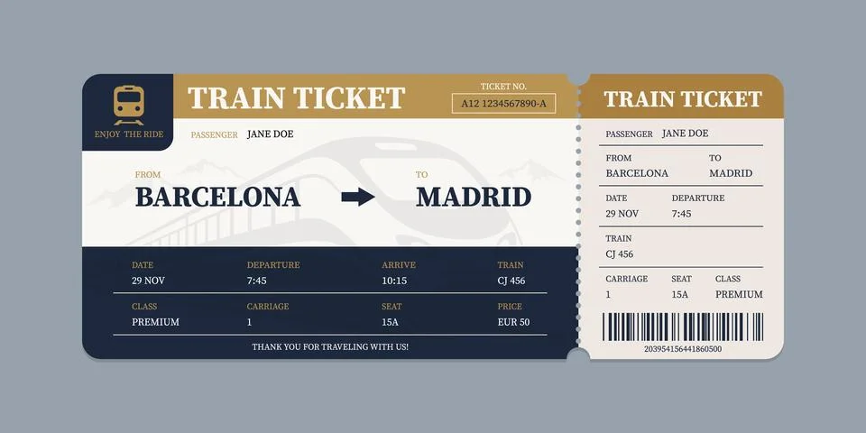 Vector flat train ticket template with passenger information and trip. Stock Illustration