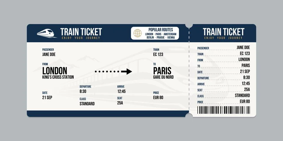 Vector flat train ticket template with passenger information and trip. Stock Illustration