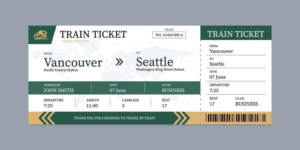 Vector flat train ticket template with passenger information and trip. Stock Illustration