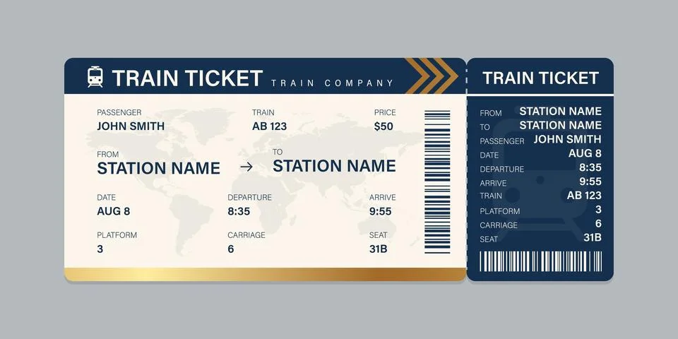 Vector flat train ticket template with passenger information and trip. Stock Illustration