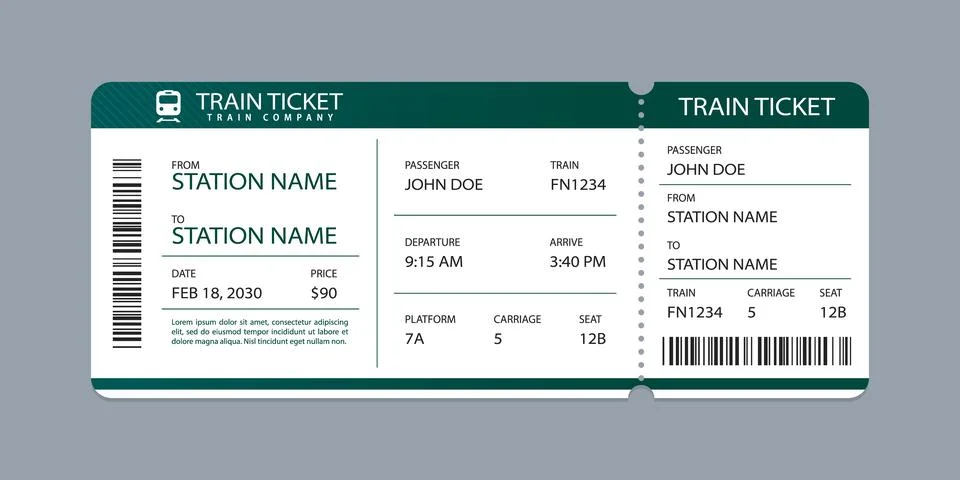Vector flat train ticket template with passenger information and trip. Stock Illustration