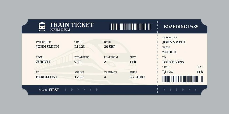 Vector flat train ticket template with passenger information and trip. Stock-Illustration