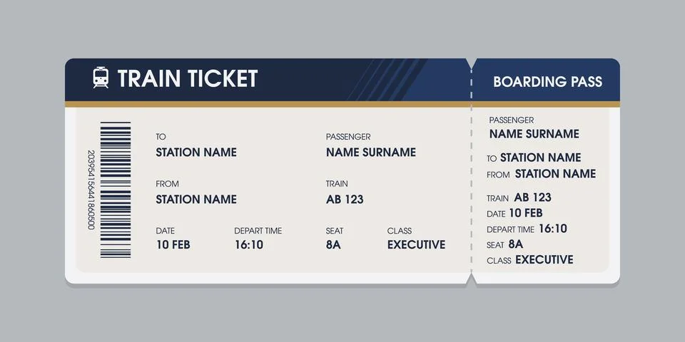 Vector flat train ticket template with passenger information and trip. Stock Illustration