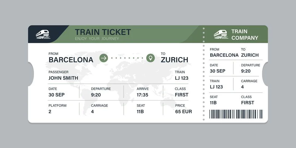 Vector flat train ticket template with passenger information and trip. Stock Illustration