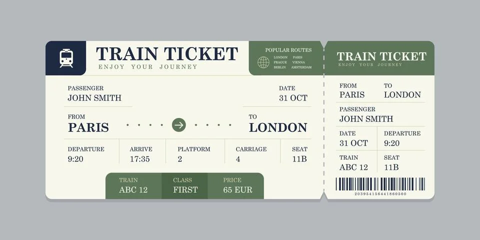 Vector flat train ticket template with passenger information and trip. Stock Illustration