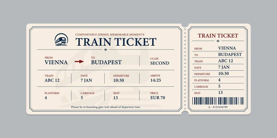 Vector flat train ticket template with passenger information and trip. Stock Illustration