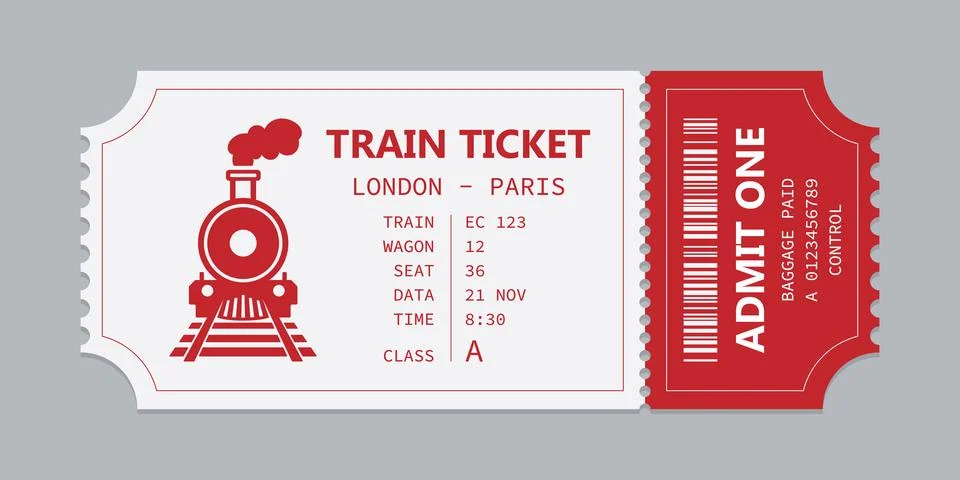 Vector flat train ticket template with passenger information and trip. Stock Illustration