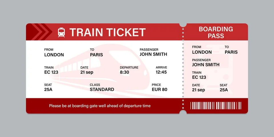 Vector flat train ticket template with passenger information and trip. Stock Illustration
