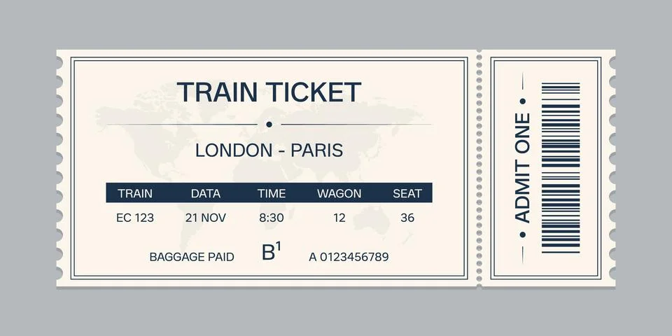 Vector flat train ticket template with passenger information and trip. Stock Illustration