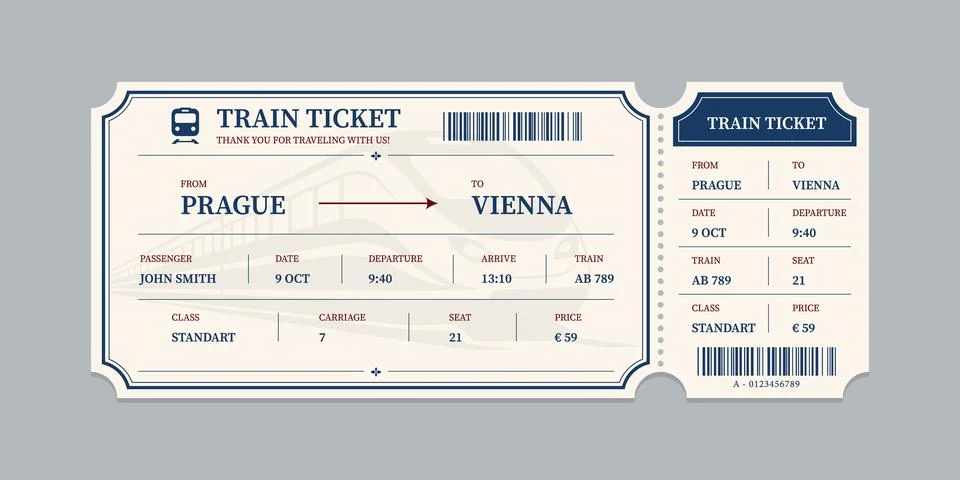 Vector flat train ticket template with passenger information and trip. Stock Illustration