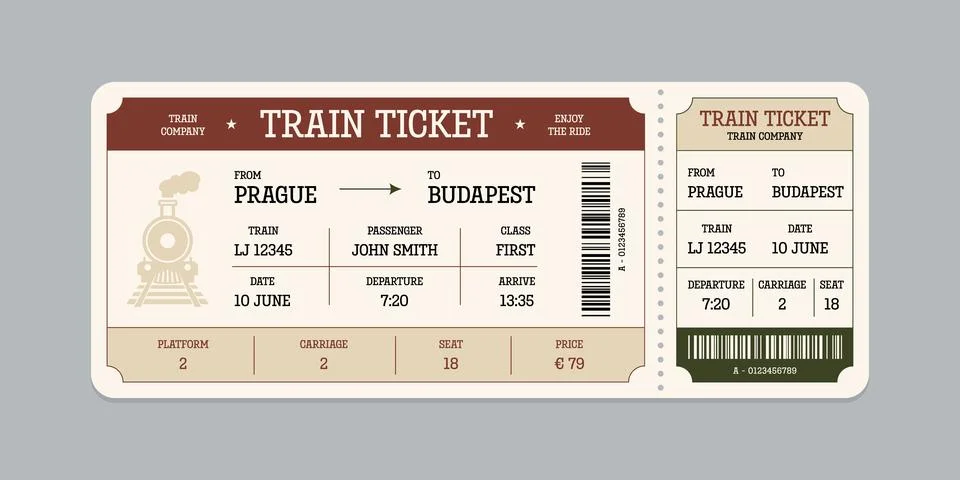 Vector flat train ticket template with passenger information and trip. Stock Illustration