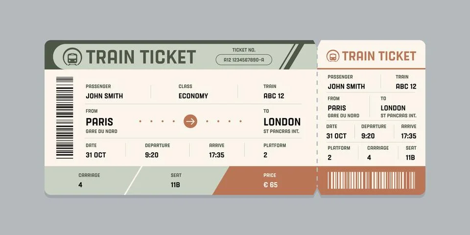 Vector flat train ticket template with passenger information and trip. Stock Illustration