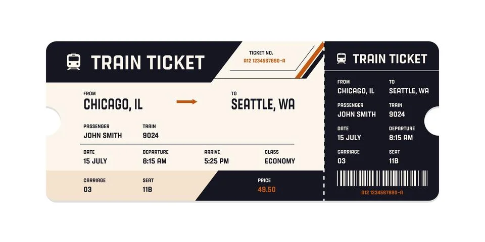 Vector flat train ticket template with passenger information and trip. Stock-Illustration