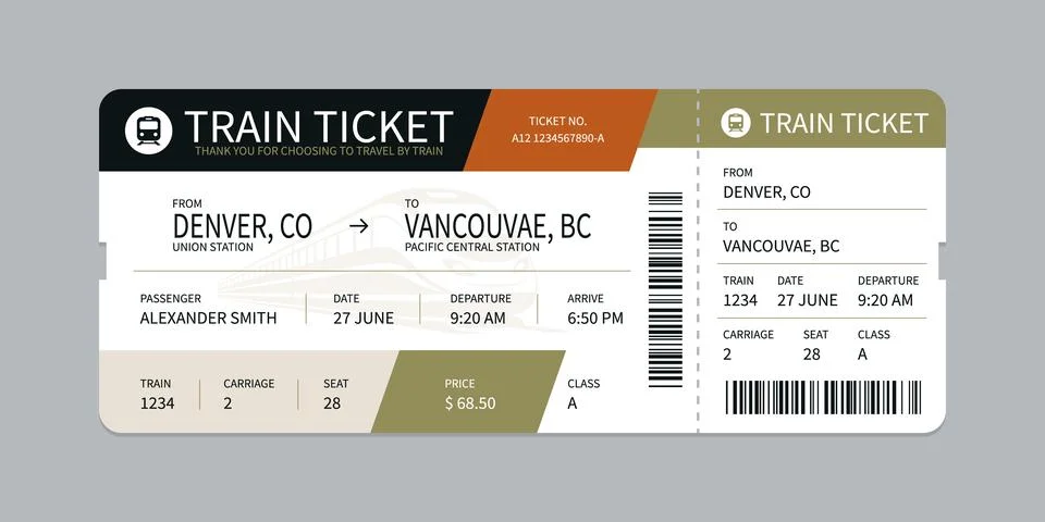Vector flat train ticket template with passenger information and trip. Stock Illustration