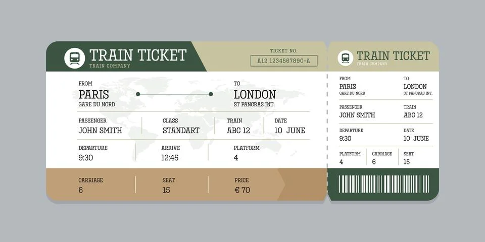 Vector flat train ticket template with passenger information and trip. Stock Illustration