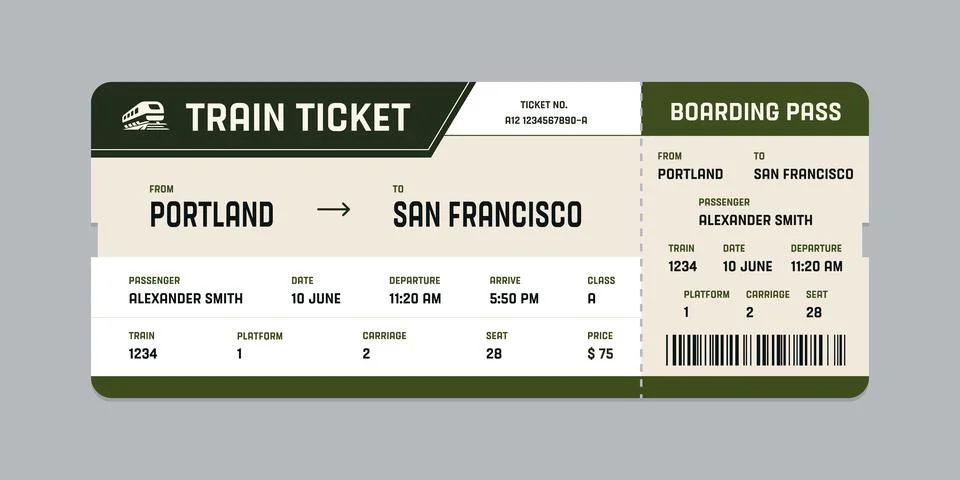Vector flat train ticket template with passenger information and trip. Stock Illustration