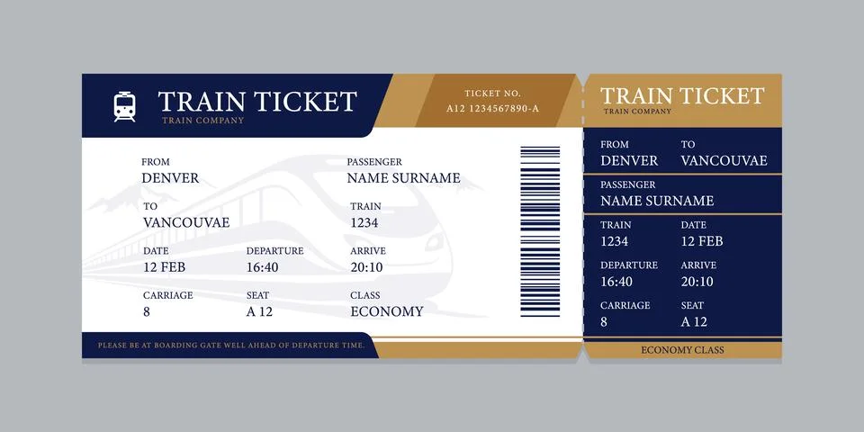 Vector flat train ticket template with passenger information and trip. Stock-Illustration