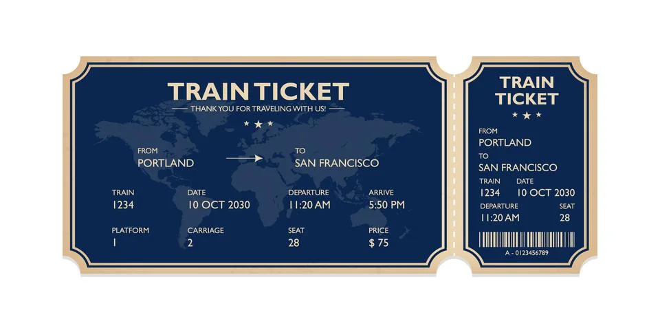 Vector flat train ticket template with passenger information and trip. Stock Illustration