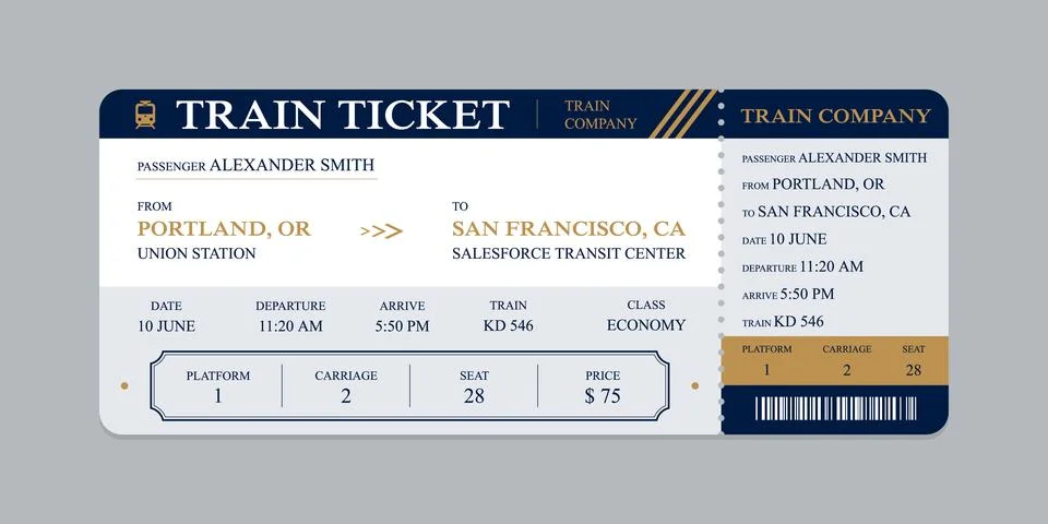 Vector flat train ticket template with passenger information and trip. Stock Illustration