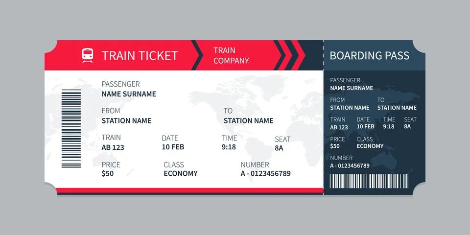 Vector flat train ticket template with passenger information and trip. Stock Illustration