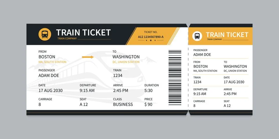 Vector flat train ticket template with passenger information and trip. Stock Illustration