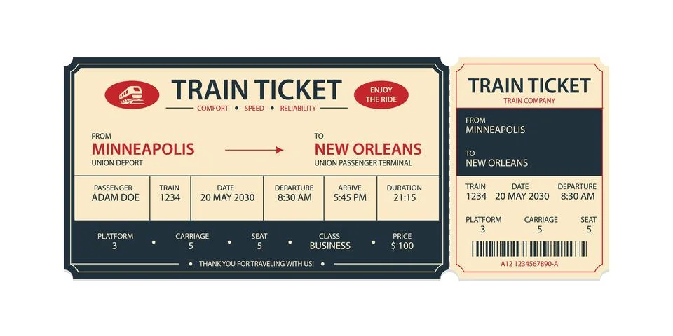 Vector flat train ticket template with passenger information and trip. Stock Illustration