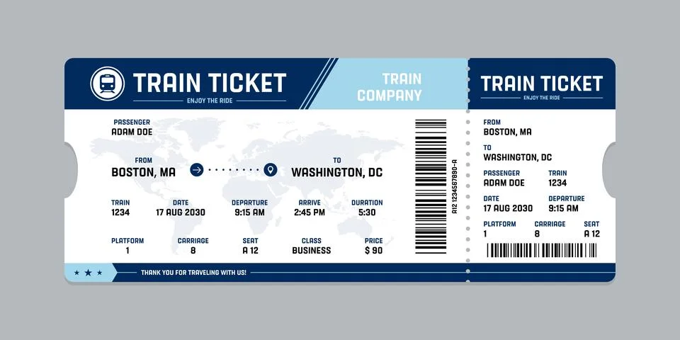 Vector flat train ticket template with passenger information and trip. Stock-Illustration