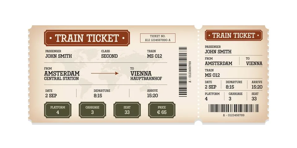 Vector flat train ticket template with passenger information and trip. Stock-Illustration