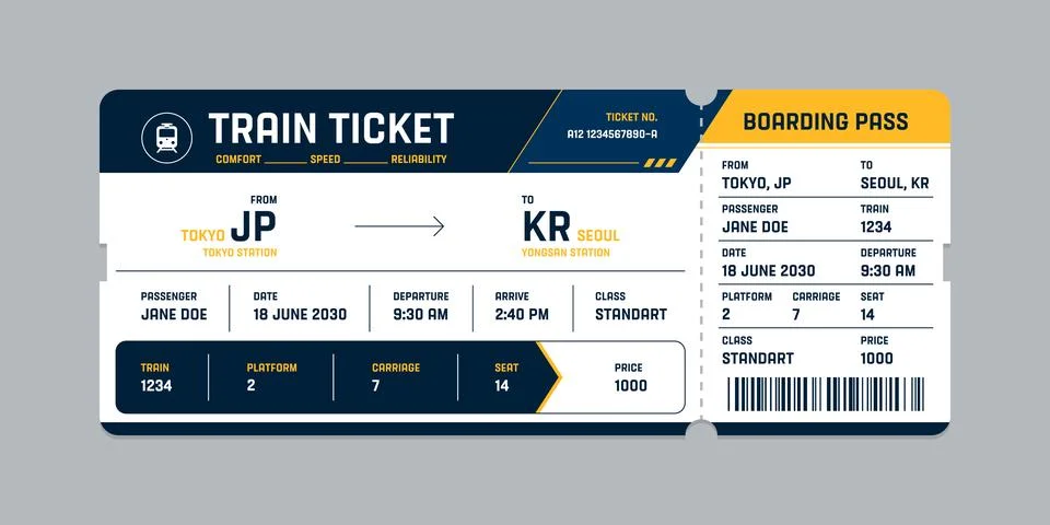 Vector flat train ticket template with passenger information and trip. Stock Illustration