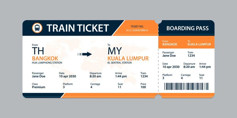Vector flat train ticket template with passenger information and trip. Stock Illustration