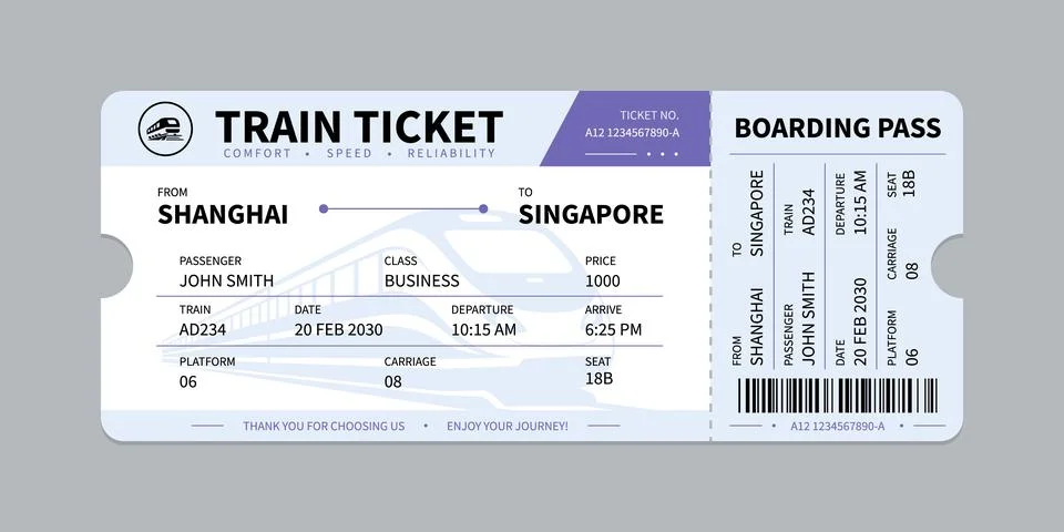 Vector flat train ticket template with passenger information and trip. Stock-Illustration