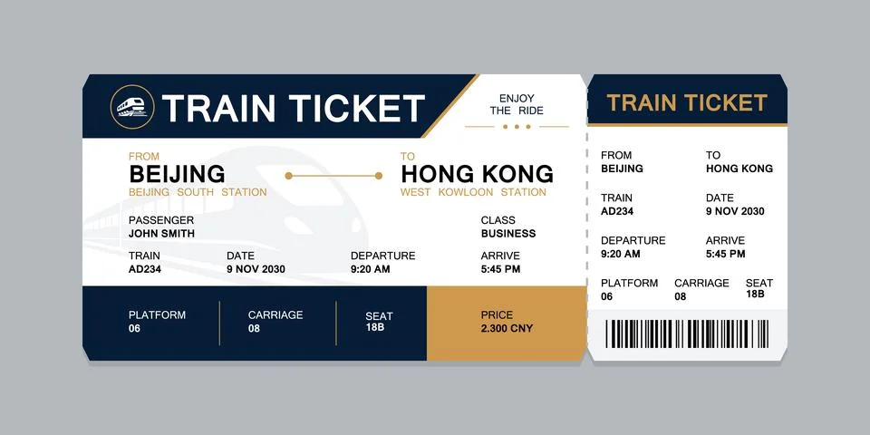 Vector flat train ticket template with passenger information and trip. Stock Illustration