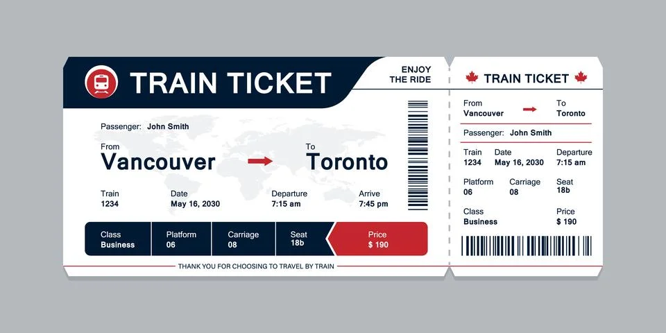 Vector flat train ticket template with passenger information and trip. Stock Illustration