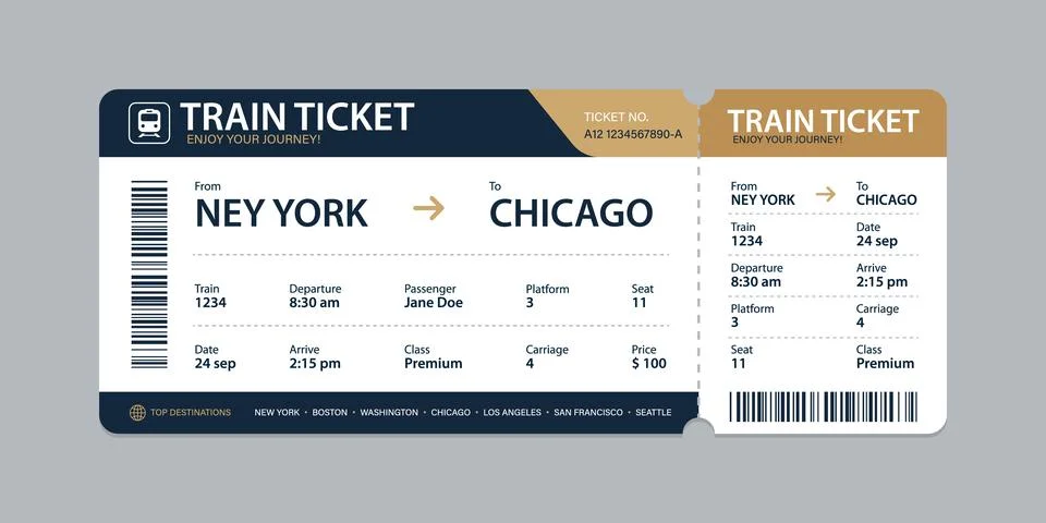 Vector flat train ticket template with passenger information and trip. Stock Illustration